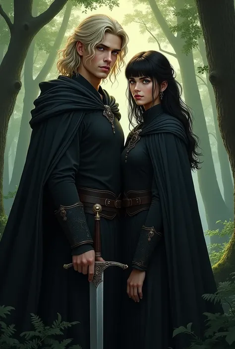 I want you to make two characters, one man and one woman. I want you to make the young man, pale with wavy light blonde hair and very long to the waist, I want you to make him with brown eyes and an outfit with a black cape holding a sword. And I want the ...