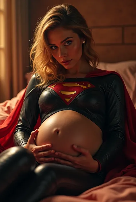 A PREGNANT SEXY SUPERGIRL, WEARING HER LEATHER SUPERGIRL OUTFIT AND CAPE, LAYING ON HER BED LOOKING AT THE VIEWER, HOLDING HER BELLY. LARGE HYPNOTIC CIRCLES HER WIDE OPEN EYES. INCREDIBLE DETAILS, HYPER DETAILED IN 8K RESOLUTION, MILLIONS OF COLORS.