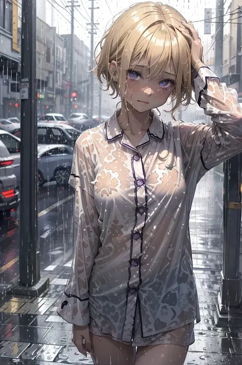 outside in the dark dimly lit streets, wearing nothing but her pyjama shirt, patterned shirt, soaking wet, heavy rainfall, caram...