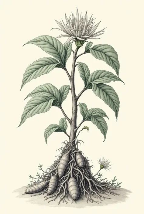 Create a detailed botanical illustration of a cassava plant similar to the provided sketch. Include the root system, showing the elongated, rough-textured tubers, and extend the illustration to display additional structures of the plant. Add more leaves, s...