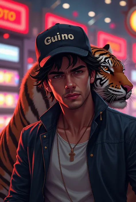 naughty man, slots background, a tiger on the side and a cap with the name GUINHO