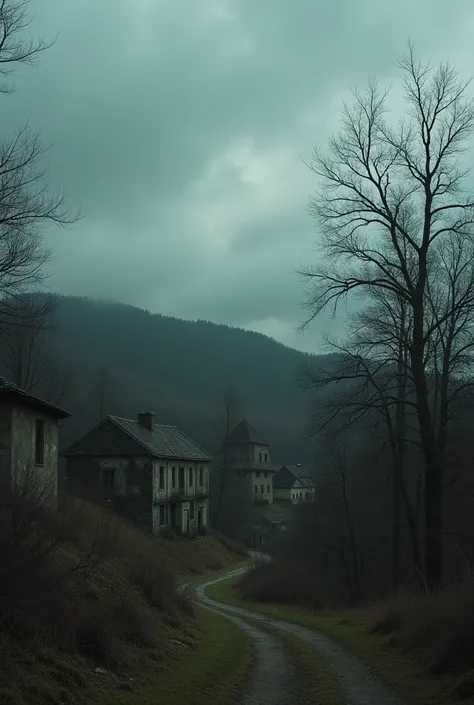 Evening gloomy photo of nature near an ancient Ukrainian village of the seventeenth century in the Gothic style 