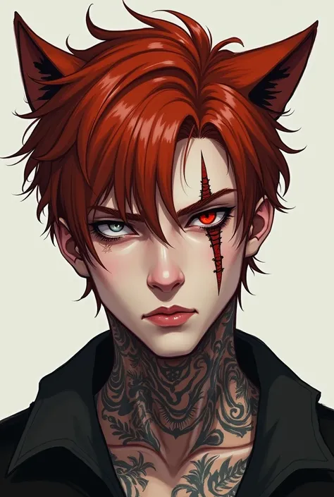 19 year old man. redhead, with short hair. wolf ears. 3 scars on the left eye. white left eye, blind.Crimson right eye. serious face. neck tattoos.