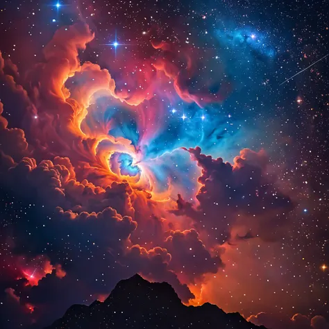 A glowing red and blue emission nebula with bright, radiant clouds and vibrant colors, surrounded by scattered stars in a dark, vast space, Keck Observatory,