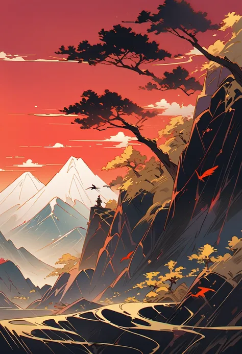 pine, Thousand Miles of Rivers and Mountains, Muscular man climbing a mountain, Flying cranes, Lacquer、Comfort、Mountains, Gold Leaf, The minimalist composition of Chinese landscape painting、red sky solid color, illustration