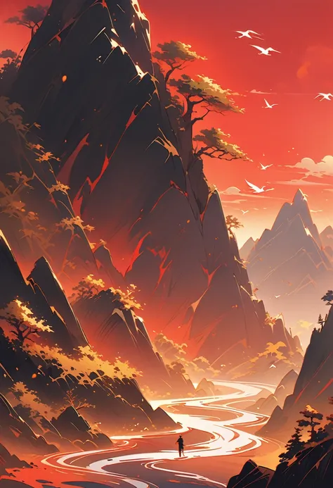 pine, Thousand Miles of Rivers and Mountains, Muscular man climbing a mountain, Flying cranes, Lacquer、Comfort、Mountains, Gold Leaf, The minimalist composition of Chinese landscape painting、red sky solid color, illustration