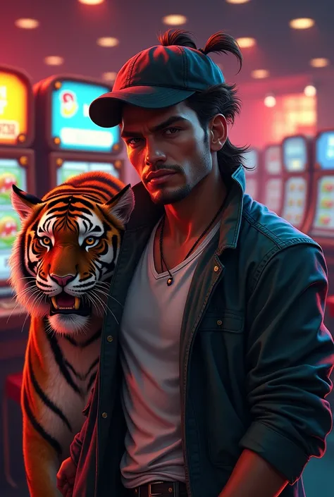 naughty man, slots background, a tiger on the side and a cap 