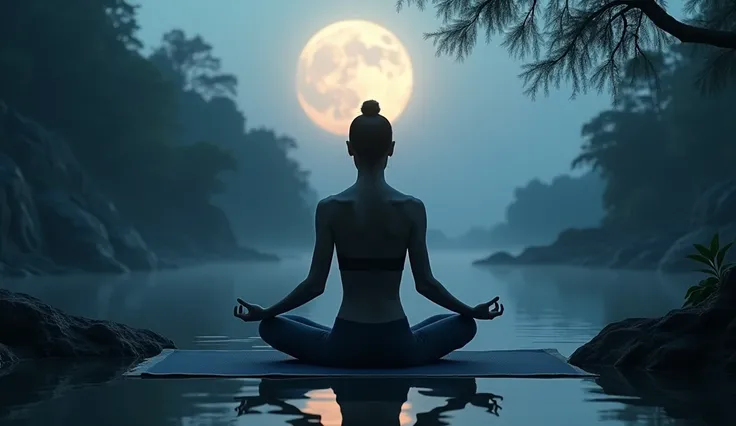 A scene of a person practicing yoga outdoors under a Moonlit sky, with a focus on their calm, centered posture. The setting is serene and natural, reflecting harmony between body and Moon. --ar 16:9