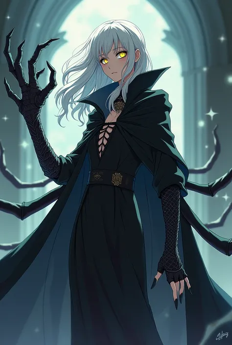 I want you to create a character that has gravity abilities and is a necromancer and has yellow eyes and white hair and a half draconic arm and has a spider cloak, the cloak is black, and I want you to make it an anime version