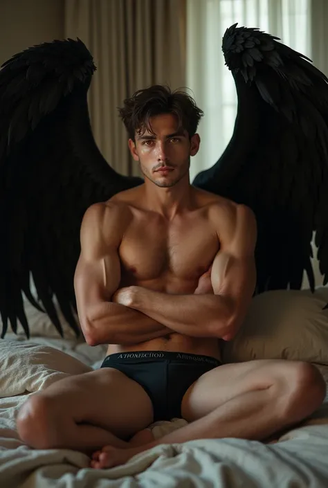 A young man without a shirt in boxers, with a well-formed bare abdomen with black hair red eyes handsome face In the middle of a room sitting on a bed with large and giant black wings, with arms crossed leaning against the bed realistic erotic sexual 