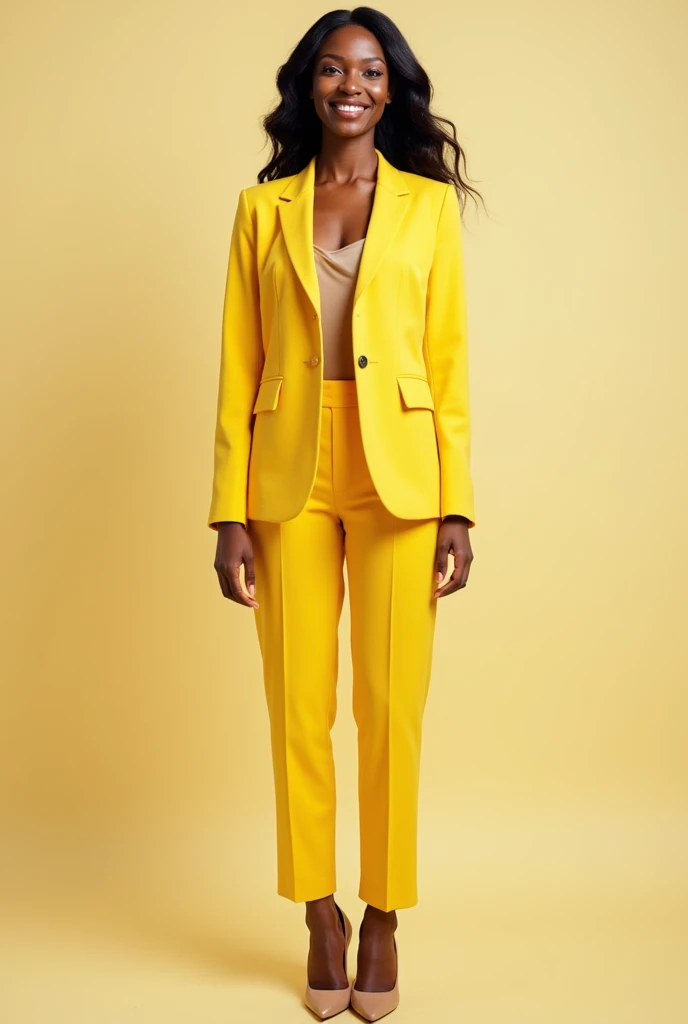 Realistic photo of a successful black woman in a yellow blazer, she wears high heels and is very confident and happy 