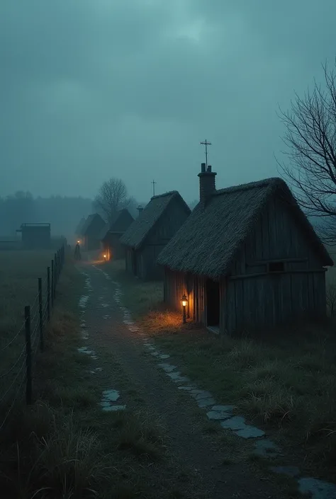 Evening gloomy photo of nature near an ancient Ukrainian village of the seventeenth century, which is located on a plain in the Gothic style, houses - small Ukrainian huts with a thatched roof and no second floor , 