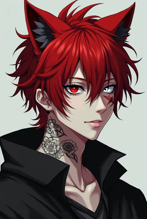 19 year old man. Crimson colored hair, with short hair. wolf ears. 3 scars on the left eye. white left eye, blind. Crimson right eye. serious face. neck tattoos.