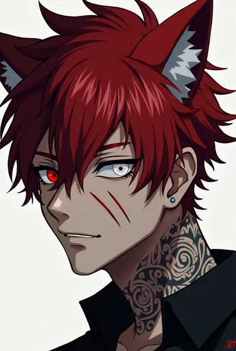 19 year old man. Crimson colored hair, with short hair. wolf ears. 3 scars on the left eye. white left eye, blind. Crimson right eye. serious face. neck tattoos.