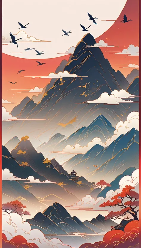 pine, Thousand Miles of Rivers and Mountains, Muscular man climbing a mountain, Flying cranes, Lacquer、Comfort、Mountains, Gold Leaf, The minimalist composition of Chinese landscape painting、red sky solid color, illustration