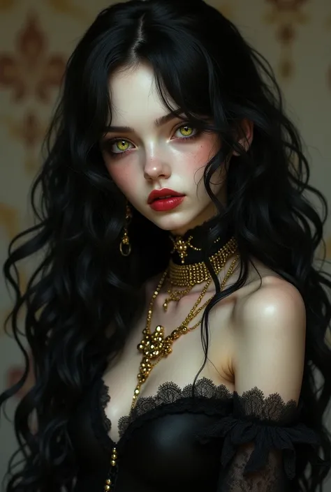 A girl with a dark aura, mysterious and attractive,despite a sweet face.
thin and striking face, full and naturally red lips,yellow eyes with a striking shape,that look that makes anyone shiver, long  hair,black and wavy,voluminous.
pale skin.
Wear elegant...