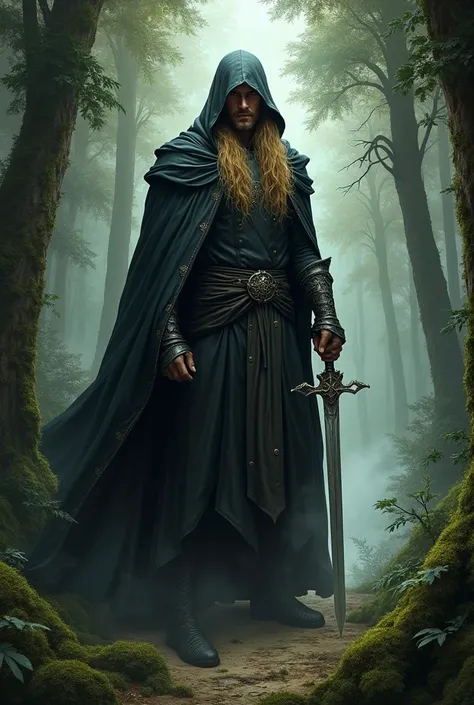 I want you to make the image of a tall man, with a black cape and hood. With long blonde hair holding a sword in the middle of the forest, I want a dark, medieval art