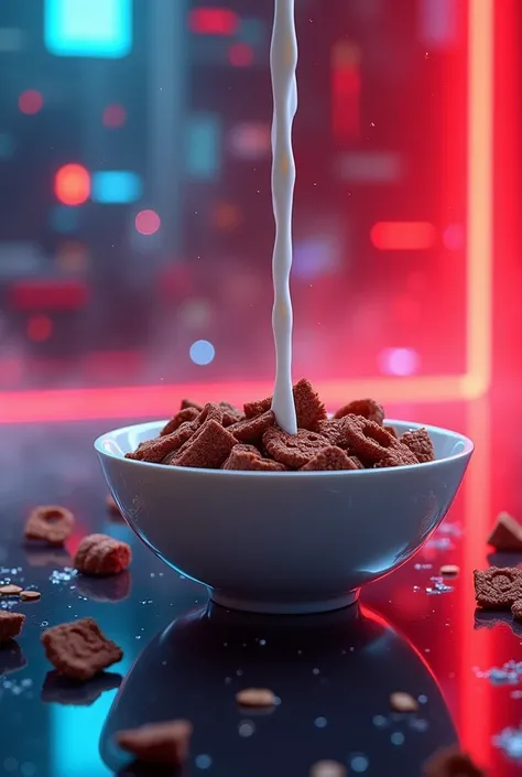 It shows a cereal of crunchy chocolate flakes and milk falling into a bowl on a futuristic red and blue background:0.8