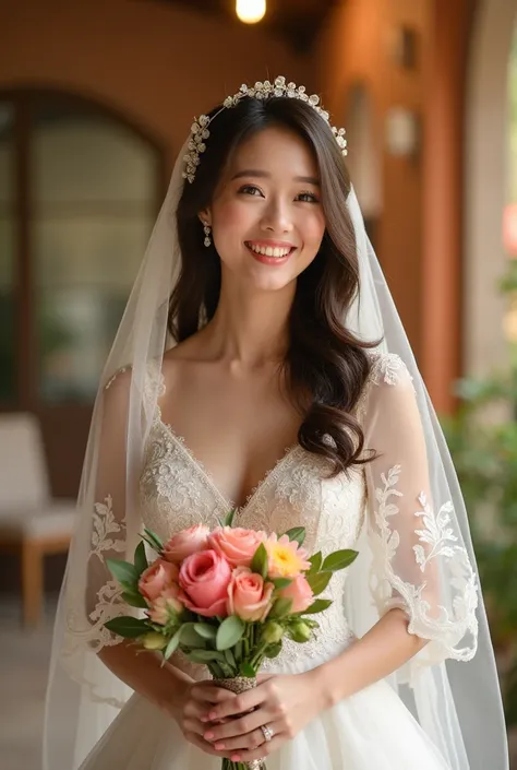 "Delightful Bride: A Very  Woman in a Beautiful Wedding Dress Holding a Bouquet and Smiling Joyfully"