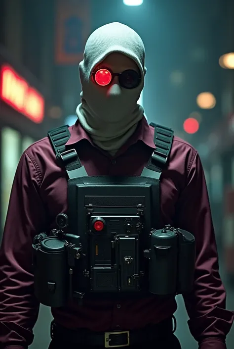 Deadshot (Hitman guy) from suicide squad;
Dark colorful ambience,Burgundy shirt, bulletproof vest,White balaclava,Red scouter super monocle