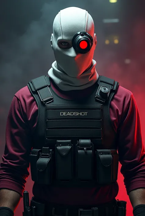 Deadshot (Hitman guy) from suicide squad;
Dark colorful ambience,Burgundy shirt, bulletproof vest,White balaclava,Red scouter super monocle