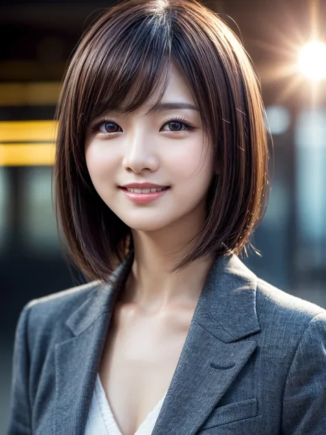 Tabletop, Highest quality, Realistic, Very detailed, finely, High resolution, 8k wallpaper, Cinema Lighting、1 person、Beautiful Japanese Women、30 years old、light brown straight bob hair, Wear a business suit, (Blurred Background、Station platform、noon、Light ...