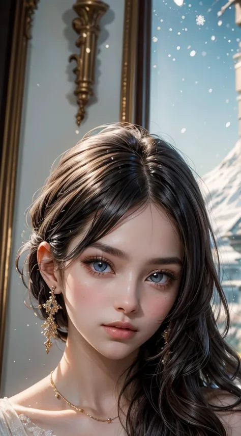 A stunningly tall and well-formed girl with radiant honey-colored eyes, long wavy black hair adorned with delicate light blue highlights, and a complexion as pure as snow. Her beauty is captured in a breathtaking portrait, with every detail meticulously cr...