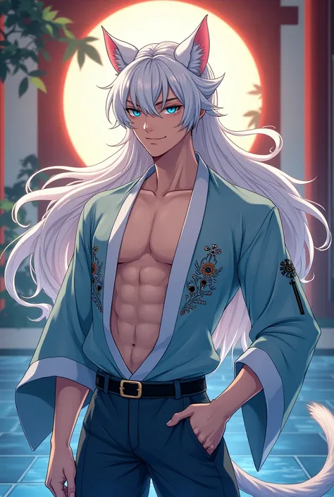 neko men big butt anime blue eyes white hair cute men kimono