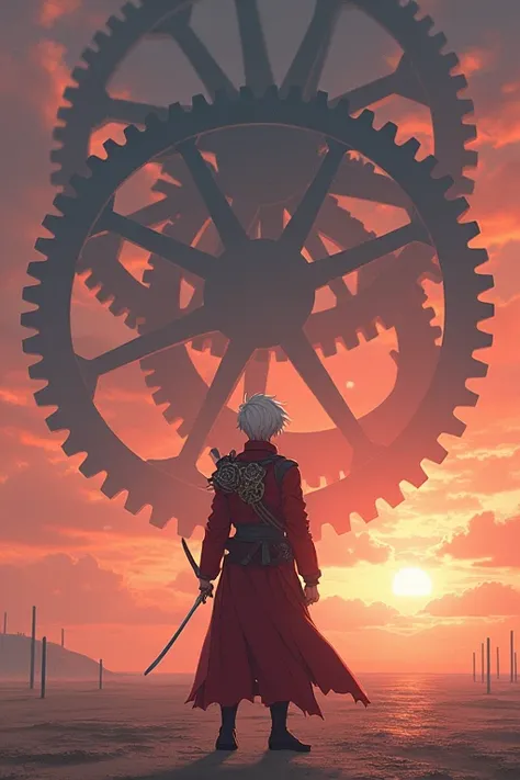 Highest quality，Sunset sky，Four large gears are connected and rotating in the sky，The land is so flat you can see the horizon，An infinite number of swords are thrust into，In that world, there is a young man with white hair.，He&#39;s wearing a red coat、It l...