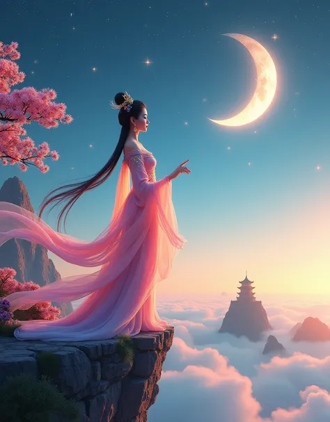 [Long shot: 1.0], [Wide angle: 1.0], (Poster design: 1.9), three-dimensional ancient style, vibrant Chinese aesthetics, elegant ancient Chinese fairy, Change, holding a mooncake, moon rabbit, countless stars, osmanthus tree, a woman dressed in a gorgeous s...