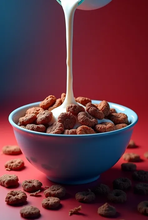 It shows a cereal with crunchy chocolate flakes and milk falling into a bowl on a red and dark blue background:0.8