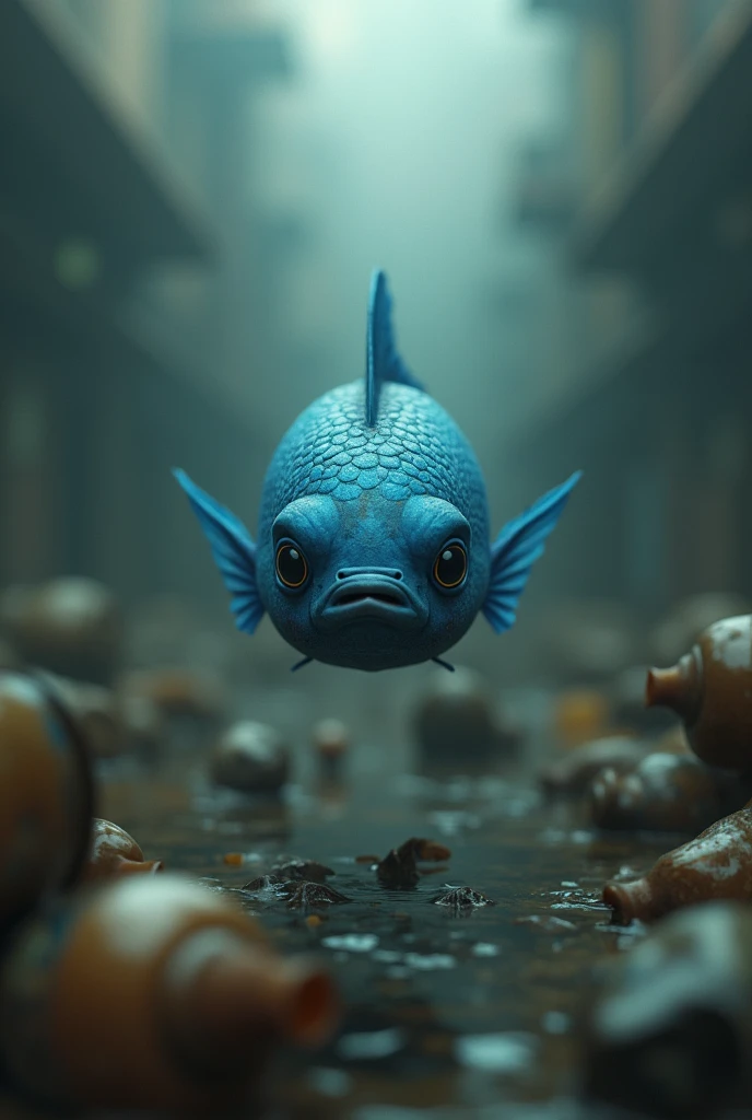 Create an image of a sad little blue fish with the polluted river 