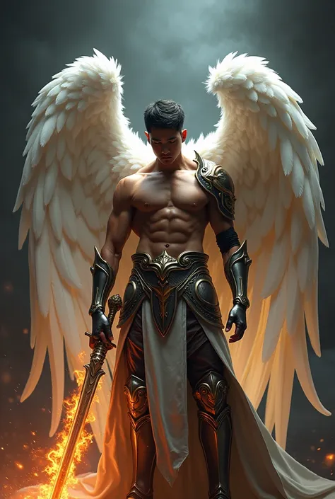 masterpiece, best quality, realistic, ultra detailed, sexy, homoerotic, movie poster style, dungeons and dragons, character design, filipino man with round face, muscular, fashionable dark hair, white angel wings, celestial heavy armor, dramatic hero pose ...