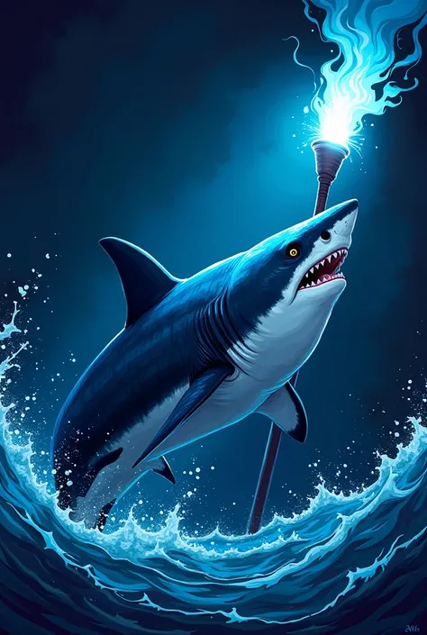 wild blue shark with a torch in graphic style