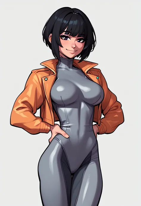 score_5_up,score_6_up,score_7_up,
 1girl, bangs, black hair, blush, breasts, closed mouth, cowboy shot, short jacket, grey backg...