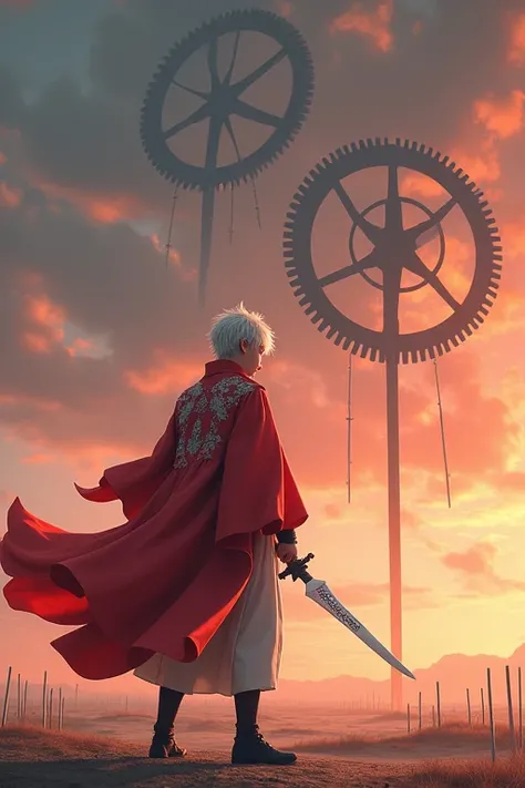 Highest quality，Sunset sky，Four large gears are connected and rotating in the sky，The land is so flat you can see the horizon，An infinite number of swords are thrust into，In that world, there is a young man with white hair.，Wearing a red coat，Kyudo decorat...