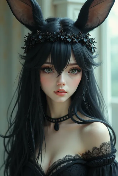 Beautiful bunny woman with black hair crown 