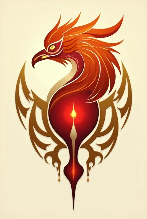 an image of a phoenix&#39;s head, red central part and golden outer tribal shape less realistic image based on the following img :https://img.freepik.featuring/photos-premium/um-desenho-de-um-galo-featuring-uma-pena-de-pavao-nele_947814-97378.jpg?size=626&...