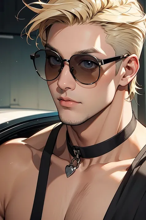 a buff man with dirty blonde shaved upper cut hair wearing sunglasses head shot