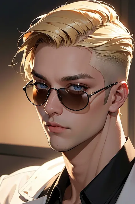 a buff man with dirty blonde shaved upper cut hair wearing sunglasses, head shot, extremely detailed face, realistic portrait, studio lighting, cinematic, dramatic lighting, vibrant colors, high contrast, photorealistic, 8k, hyper detailed