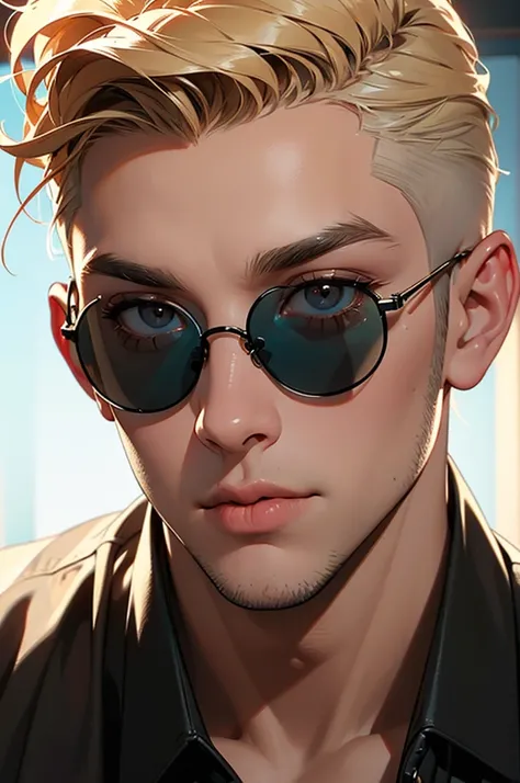 a buff man with dirty blonde shaved upper cut hair wearing sunglasses, head shot, extremely detailed face, realistic portrait, studio lighting, cinematic, dramatic lighting, vibrant colors, high contrast, photorealistic, 8k, hyper detailed