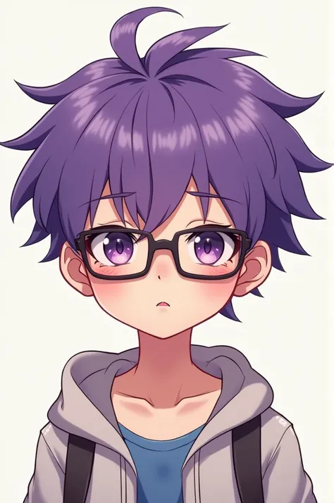 A 2D anime style boy with purple hair, glasses and an eyebrow piercing