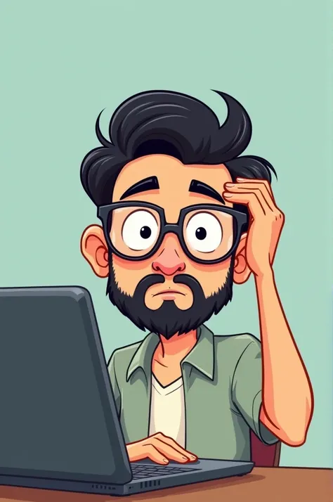 Cartoon Asian man wearing glasses with beard scratch the head in front laptop 