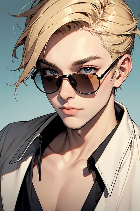 a man with dirty blonde shaved upper cut hair wearing sunglasses head shot