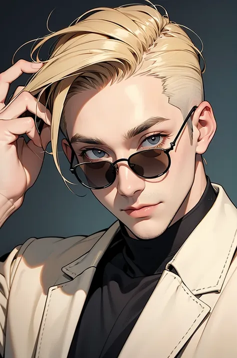 a man with dirty blonde shaved upper cut hair wearing sunglasses head shot