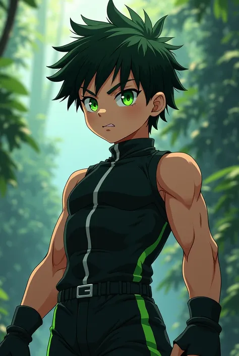 anime boy, stocky body, authoritarian gaze, black and neon green fade hair, jungle green eyes, serious expression, Whole body, side view, anime style, dramatic lighting, dynamic pose, extended arm, Tense muscles, tight sportswear