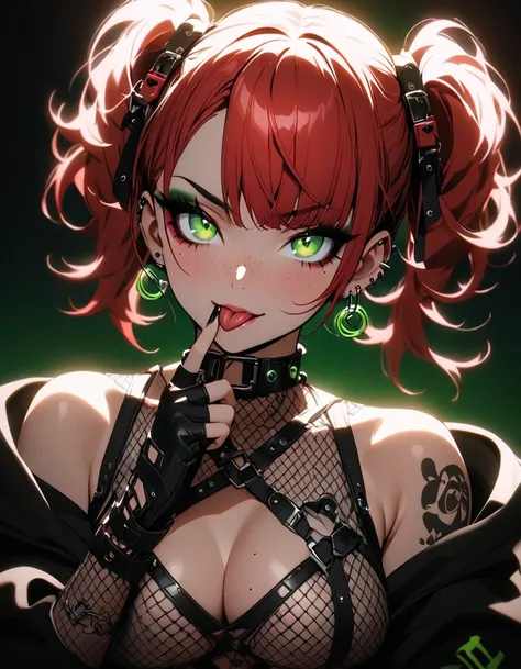 woman, curly red hair in pig tails, green eyes, eye shadow, black hoodie, black finger-less gloves, exposed shoulders, large breasts, freckles, cleavage, fishnet undershirt, looking at viewer, Holo-Punk Style, goth, earrings, eyelashes, makeup, solo, tatto...