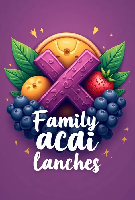 Create a logo for a snack bar, with a picture of an xis and açaí in the background, highlighting the phrase Family Açai Lanches 