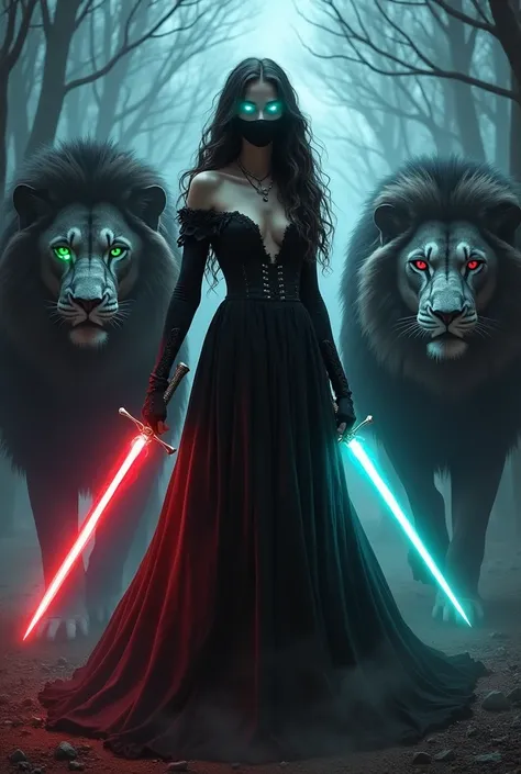  beautiful taller girl eye glowing blue aura cute face black mask  take sword glowing red aura white  wavy long  bohemihair warrior black dress biggest white lion glowing green eyes horror background in forest big black lion roar when attack monster front ...