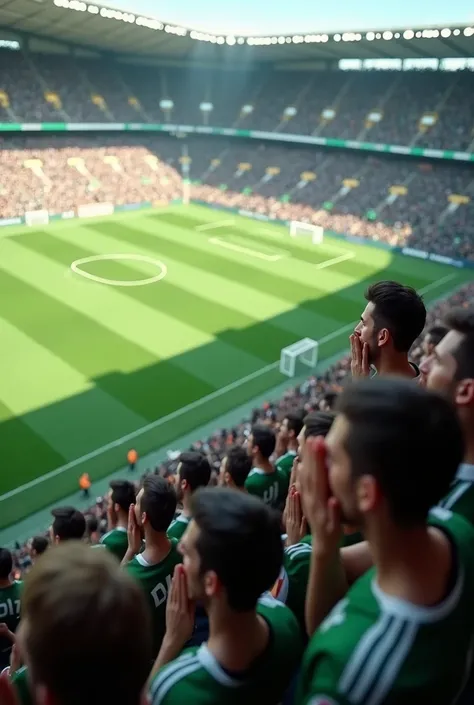 (photorealism:1.2), full tribune of football fans on green-white colors are closing their mouth with both hands, camera above the stadium, from long distance 